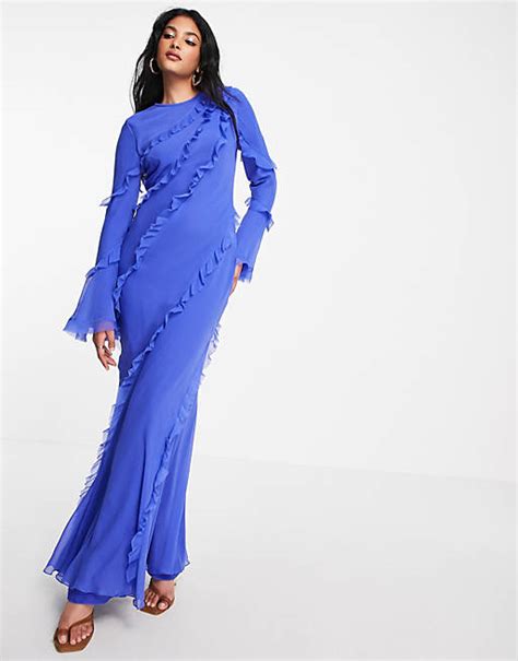 Asos Design Exaggerated Sleeve Ruffle Detail Maxi Dress In Bright Blue Chiffon Asos