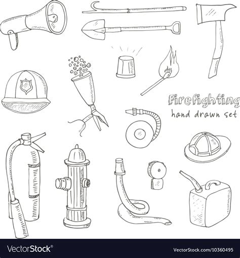 Doodle fire fighting tools set vintage Royalty Free Vector