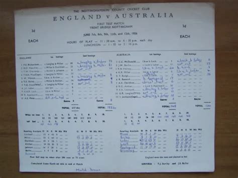 ENGLAND V AUSTRALIA Test Match Scorecard at Trent Bridge Nottingham June 1956 £4.99 - PicClick UK