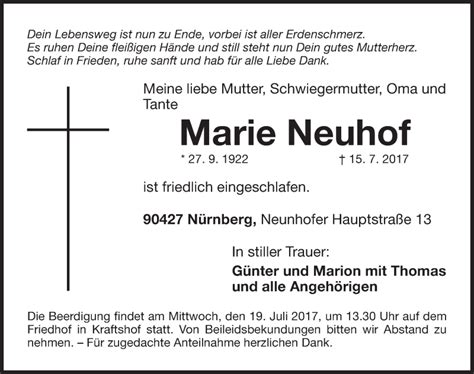 Traueranzeigen Von Marie Neuhof Trauer Nn De