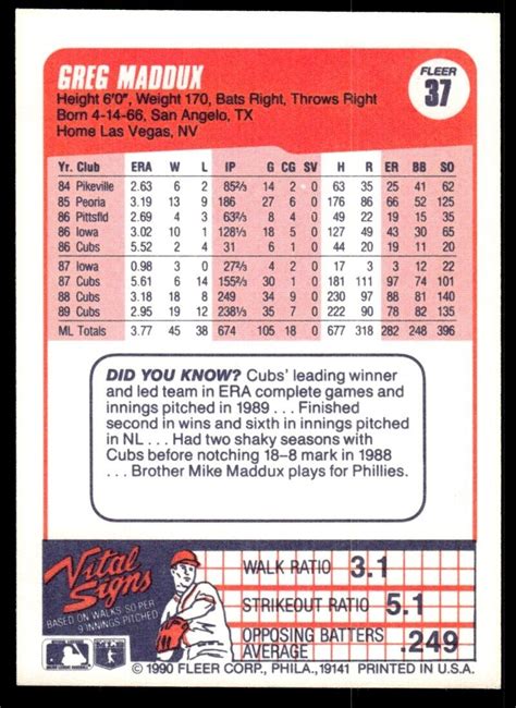 1990 Fleer Baseball Card Greg Maddux Chicago Cubs 37 EBay