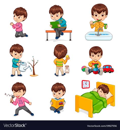 Boy Does Daily Routine Actions Set Royalty Free Vector Image