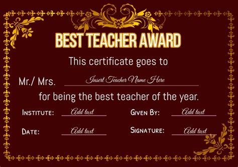 Plantilla De Best Teacher Award Best Teacher Certificate Postermywall