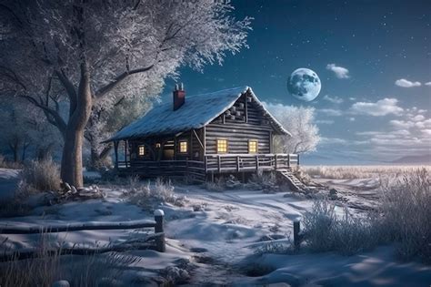 Premium AI Image | A winter scene with a log cabin in the snow.