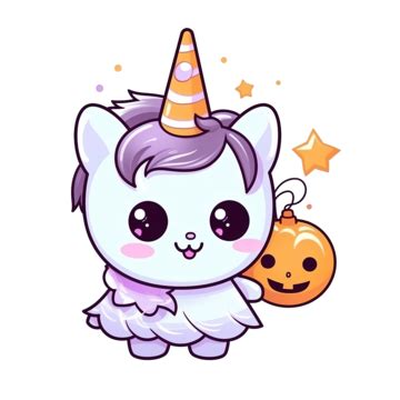 Cute Unicorn Halloween Cartoon Wear Pumpkin Fancy Dress Holding Ghost