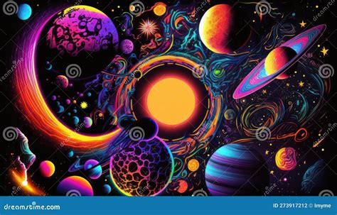 Colorful Psychedelic Galaxy And Planets In Space Illustration