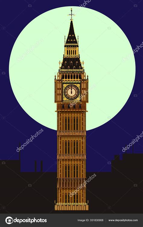 London Landmark Big Ben Clocktower Miidnight Full Moon Stock Vector By