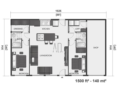 Barndominium Floor Plan With Shop 1500 Sq Ft Farmhouse 30x50 Etsy Uk