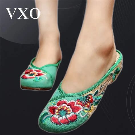 Vxo Embroidered Cloth Slippers Canvas Linen Women S Shoes Flowers