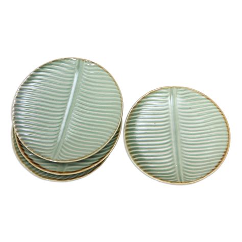 UNICEF Market Ceramic Banana Leaf Dessert Plates Set Of 4 From Bali