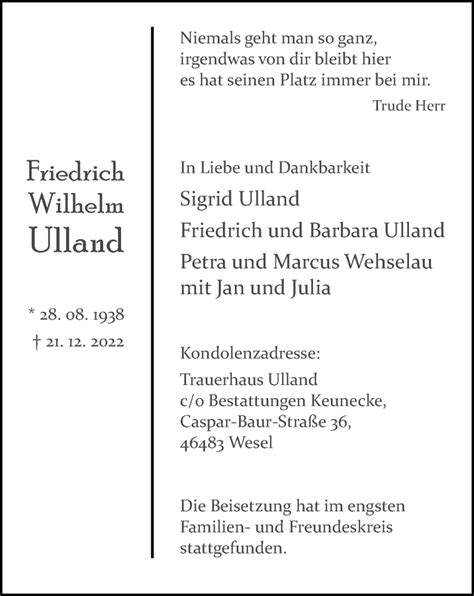 Traueranzeigen Von Friedrich Wilhelm Ulland Trauer In Nrw De