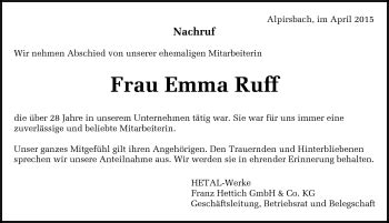 Traueranzeigen von Emma Ruff Schwarzwälder Bote Trauer