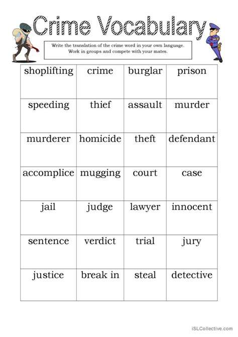 Crime Vocabulary Warmer Filler… English Esl Worksheets Pdf And Doc