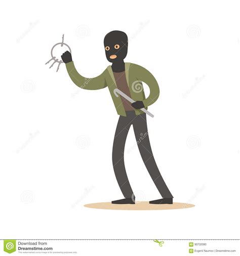 Thief In A Black Mask With A Bag Of Loot Vector Illustration In Flat