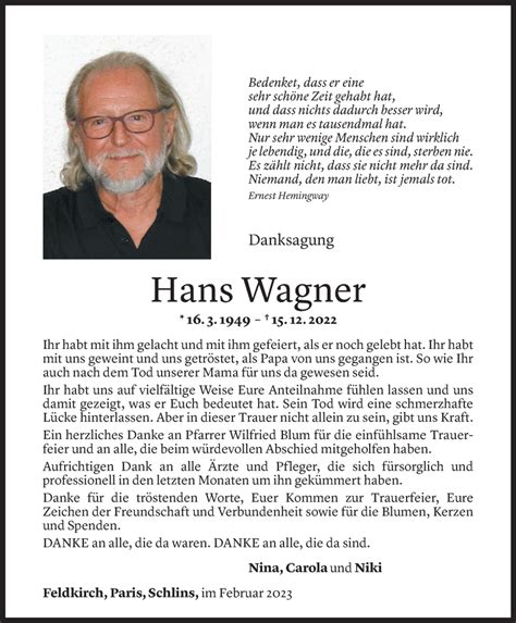 Todesanzeigen Von Hans Wagner Todesanzeigen Vorarlberger Nachrichten