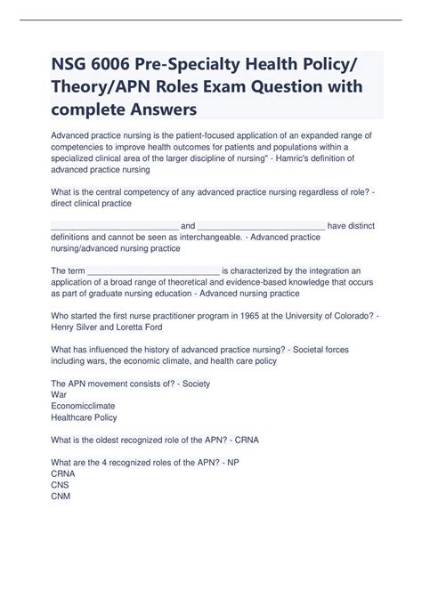 Nsg Pre Specialty Health Policy Theory Apn Roles Exam Question