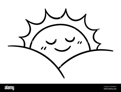 Simple sunrise doodle, cute cartoon rising sun with smiling face. Black and white line art ...