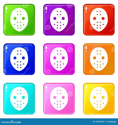 Hockey Goalkeeper Helmet Icons Set 9 Color Collection Stock Vector