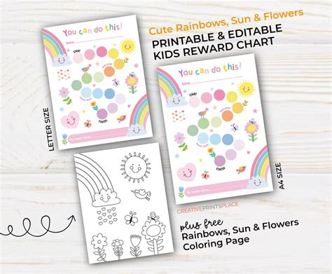 Printable Editable Rainbow Sun Reward Chart Girl S Sticker Chart Instant Download Reward Chart