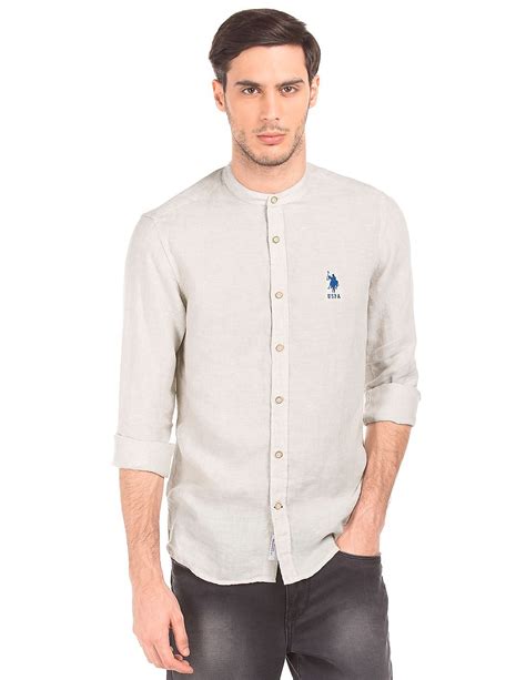 Buy Us Polo Assn Men Mandarin Collar Linen Shirt