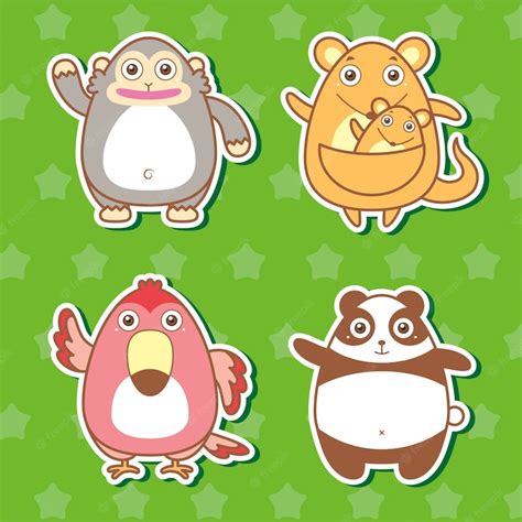 Premium Vector | Four cute animal stickers with green background.