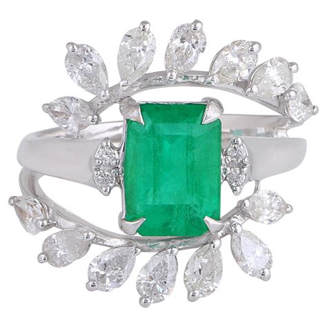 Pear Zambian Emerald Gemstone Cocktail Ring 14 Karat White Gold Handmade Jewelry For Sale At 1stdibs