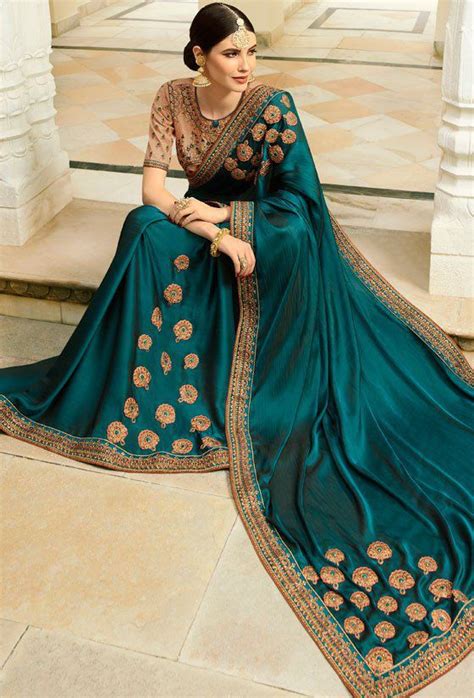 Buy Teal Color Barfi Silk Saree Indian Wedding Saree Double Blouse In