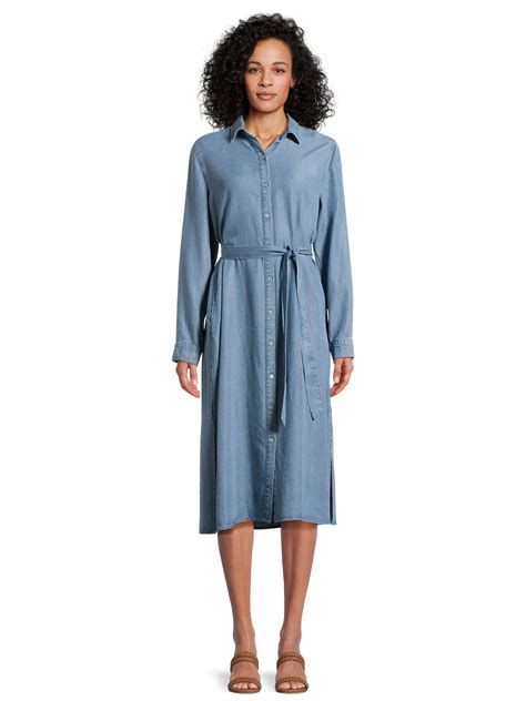 Time And Tru Womens Button Front Shirt Dress With Long Sleeves Sizes Xs Xxxl