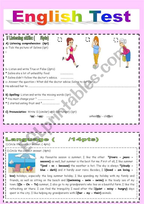 English Test ESL Worksheet By Saaidiyasmine