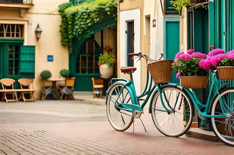 Premium Photo | A bicycle with a basket of flowers in front of a building