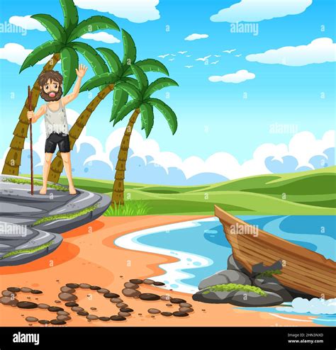 A Man On Deserted Island Isolated Illustration Stock Vector Image Art