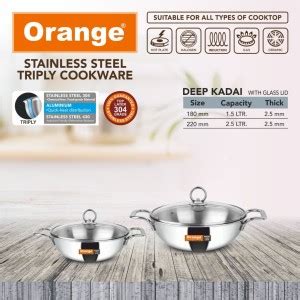 Orange Orange Stainless Steel Triply Kadai Set Induction Bottom