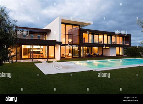 front elevation  dusk  modern villa  spain stock photo alamy