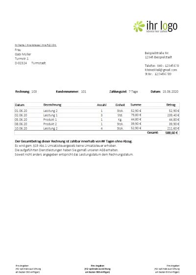 Premium Rechnungsvorlage für Kleinunternehmer mit Stammdaten