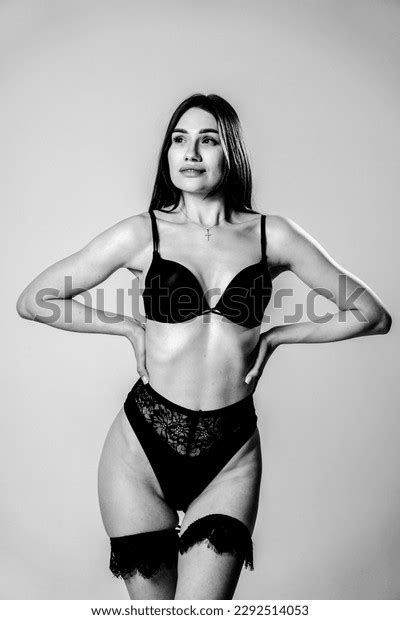Sexy Girl Black Lingerie Posing Studio Stock Photo