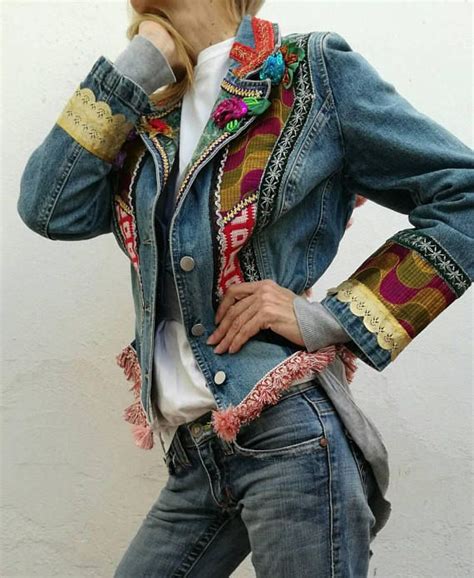 Demin Boho Chic Jacket Patchwork Vintage Fabrics And Ribbons OOAK And