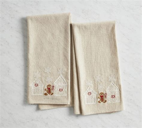 Gingerbread Village Embroidered Tea Towels Set Of Pottery Barn