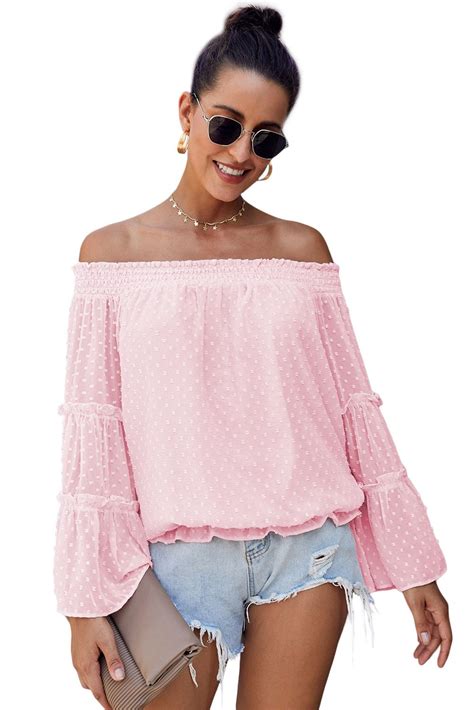 Pink Dot Swiss Off The Shoulder Top Chiffon Blouse Long Sleeve Bell