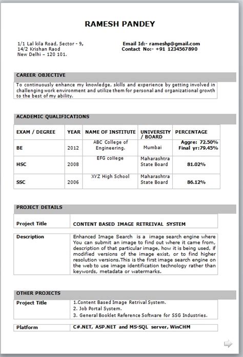 Resume Format For Freshers