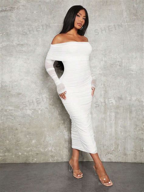 Shein Sxy Spring And Summer Elegant White Long Sleeved Off Shoulder Pleated Mesh Bodycon Dress