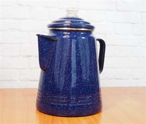 Blue Graniteware Speckled Enamelware Coffee Pot Vintage Farmhouse