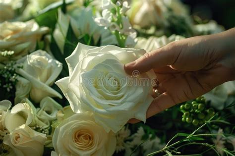 Hands Placing White Rose On Casket Symbolizing Love Loss And Final