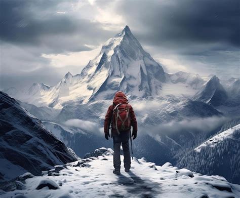 Premium Photo | Man with backpack stands on snowy mountain in the style of matte painting