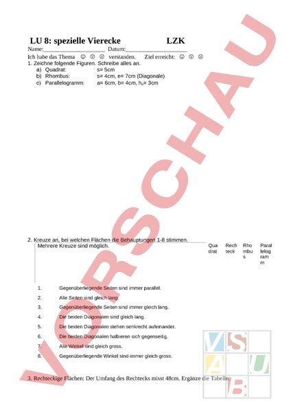 Arbeitsblatt Lu Spezielle Vierecke Geometrie Gemischte Themen