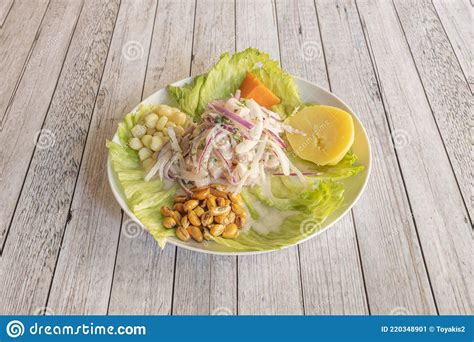 Peruvian Fish Ceviche With Cancha, Sweet Potato, Cooked Potato, Red ...