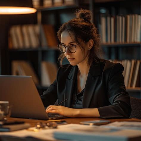 Premium Photo Woman Sitting At Table Using Laptop Computer