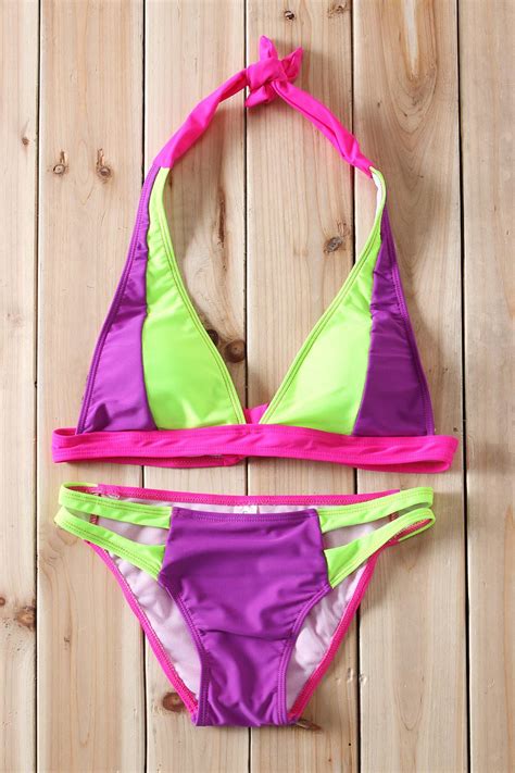 50 OFF 2018 Sexy Halter Color Block Lace Up Cut Out Women S Bikini