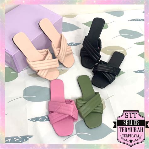 Jual STT Sandal Flat Slop Polos Silang 6497 Sendal Rumah Santai