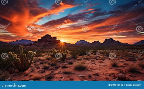 Wild West Texas Desert Landscape with Sunset with Mountains and Cacti ...