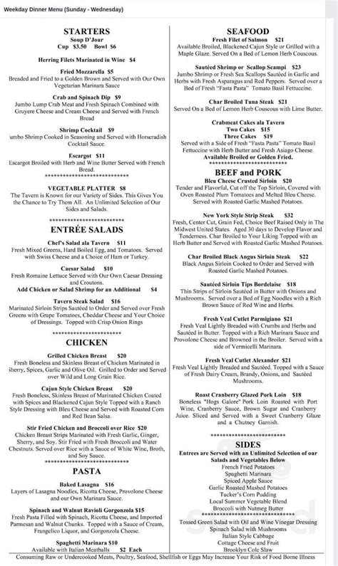 Menu State College Pa S The Tavern Sirved